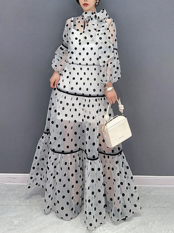 Elasticity Polka-Dot See-Through Split-Joint Tied Long Sleeves Loose Mock Neck Maxi Dresses