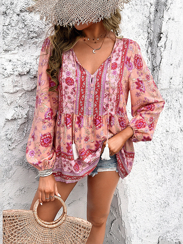 Buttoned Elasticity Flower Print Split-Joint Tasseled Long Sleeves Loose V-Neck Blouses&Shirts Tops