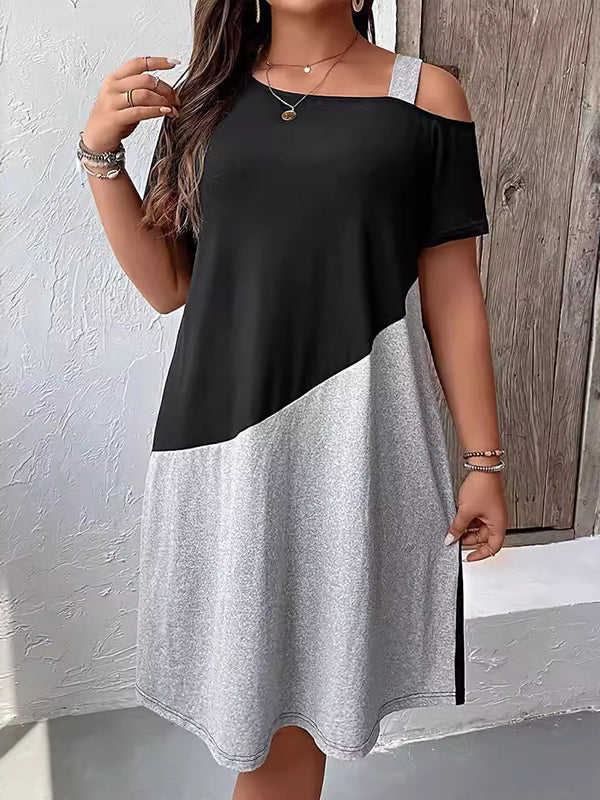 Asymmetric Contrast Color Split-Joint A-Line Loose Cold Shoulder Midi Dresses