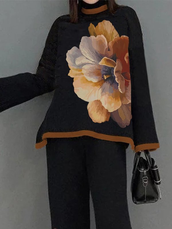 Flower Print Split-Joint Flared Sleeves Long Sleeves Mock Neck T-Shirts Tops