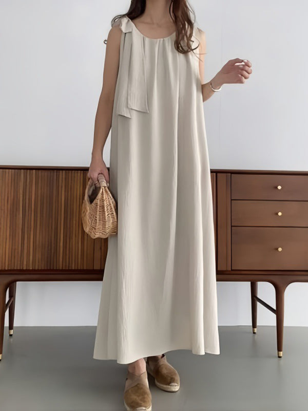 Pleated Solid Color Tied High Waisted Loose Round-Neck Maxi Dresses