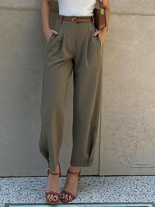 Belted Buttoned Pleated Pockets High Waisted Loose Suit Pants