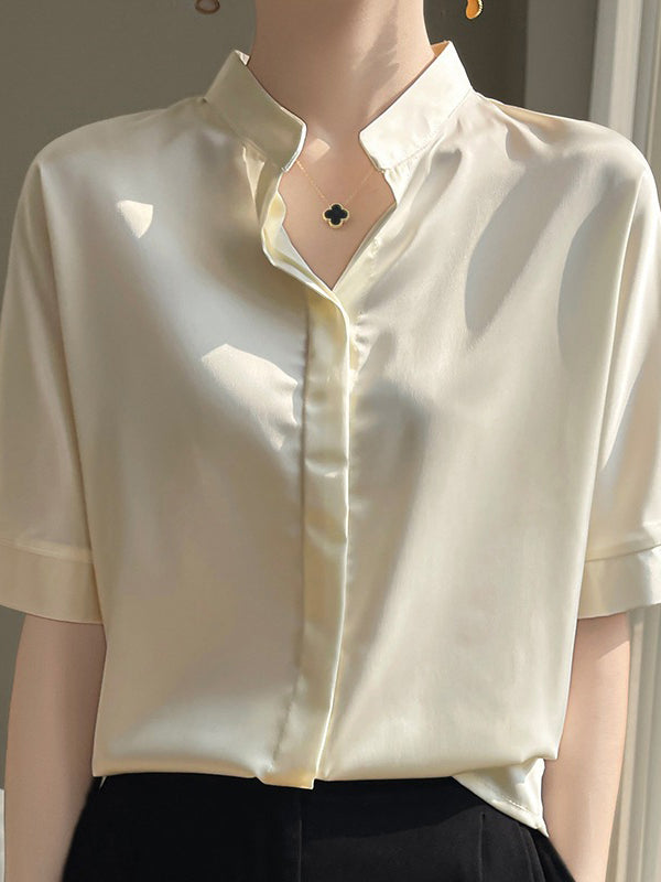 Buttoned Solid Color Loose Short Sleeves Stand Collar Blouses&Shirts Tops