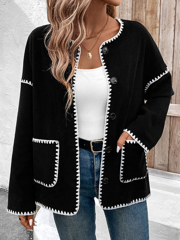 Buttoned Contrast Color Pockets Split-Joint Long Sleeves Loose Round-Neck Cardigan Tops