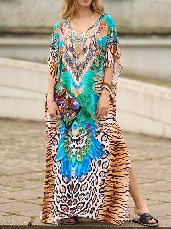 Leopard Split-side Tiger Skin Pattern Batwing Sleeves Loose V-neck Maxi Dresses Beach Cover-Up