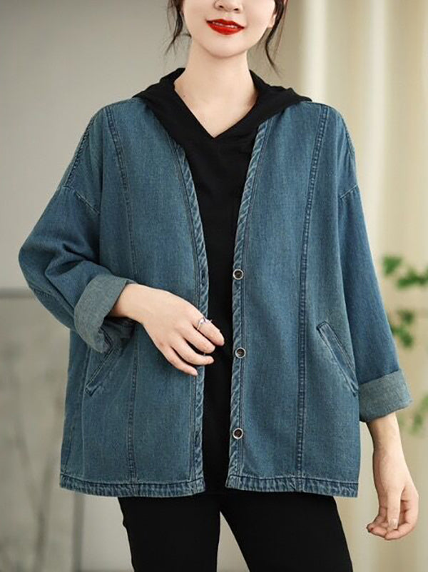 Buttoned Pockets Solid Color Split-Joint Long Sleeves Loose V-Neck Outerwear