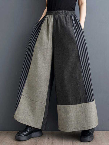 Elasticity Pockets Split-Joint Striped High Waisted Loose Trousers Pants