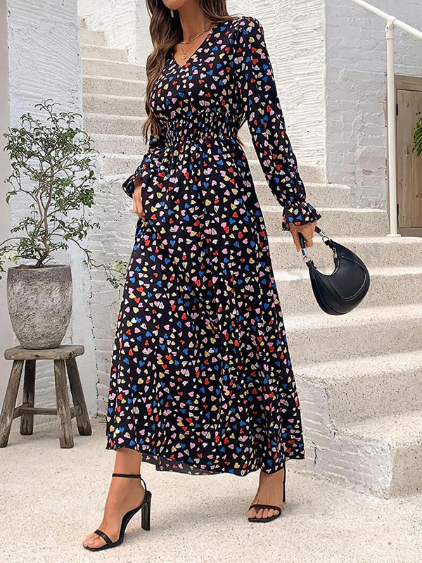 Elasticity Floral Printed Split-Joint Loose Puff Sleeves V-neck Maxi Dresses