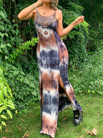 Printed Split-Joint Split-Side Tie-Dyed Skinny Sleeveless Spaghetti-Neck Maxi Dresses