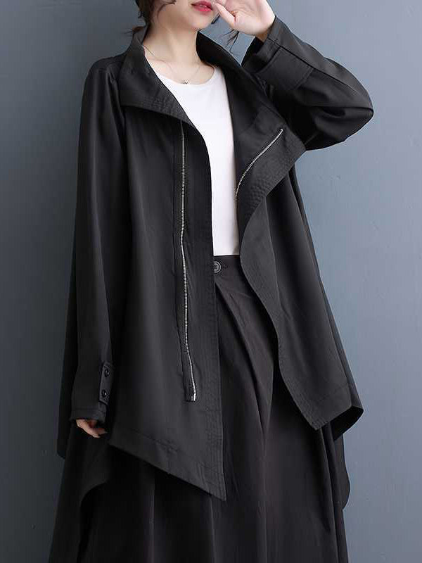 Asymmetric Buttoned Solid Color Split-Joint Zipper Long Sleeves Loose Stand Collar Outerwear