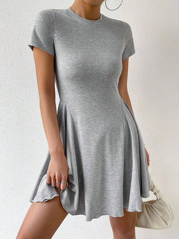 Pleated Solid Color Split-Joint High Waisted Loose Round-Neck Mini Dresses