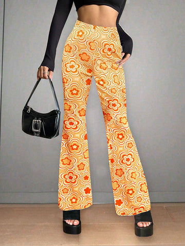 Flower Print Split-Joint High Waisted Loose Pants Flared Trousers