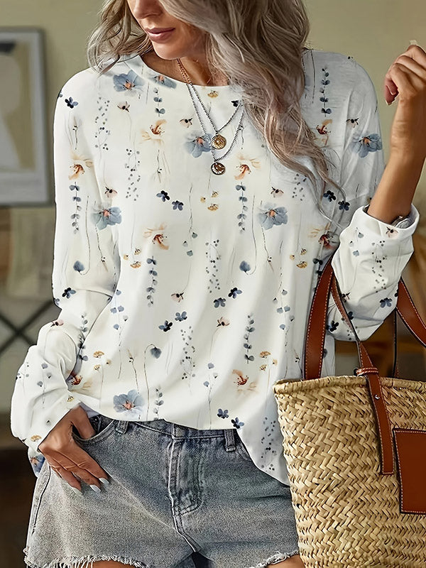 Flower Print Long Sleeves Loose Round-Neck T-Shirts Tops