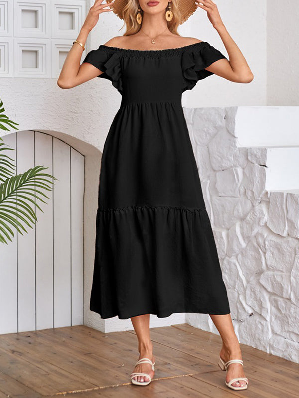 Elasticity Pleated Ruffled Solid Color Split-Joint A-Line Loose Off-The-Shoulder Midi Dresses