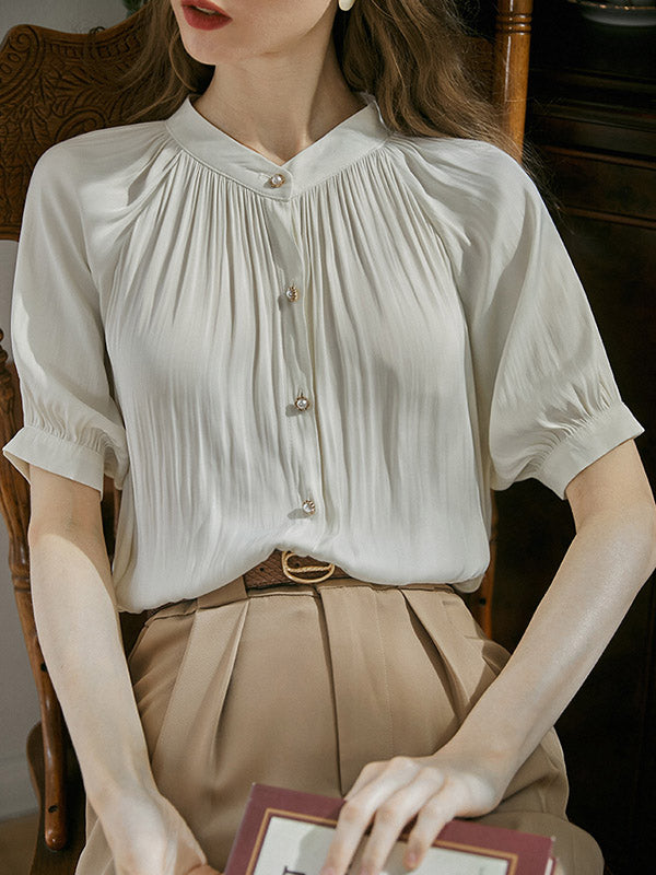 Buttoned Pleated Loose Puff Sleeves Round-neck Blouses&shirts Tops