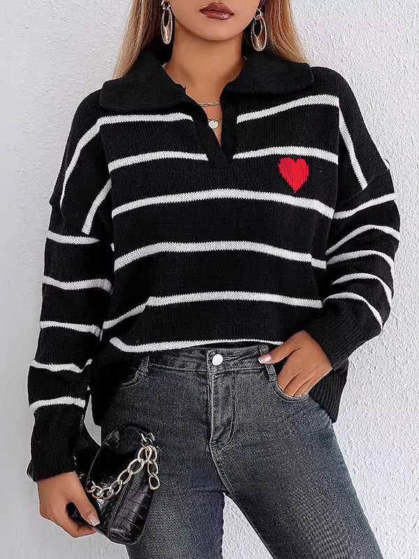 Heart Print Split-Joint Striped Long Sleeves Loose Lapel Sweater Tops