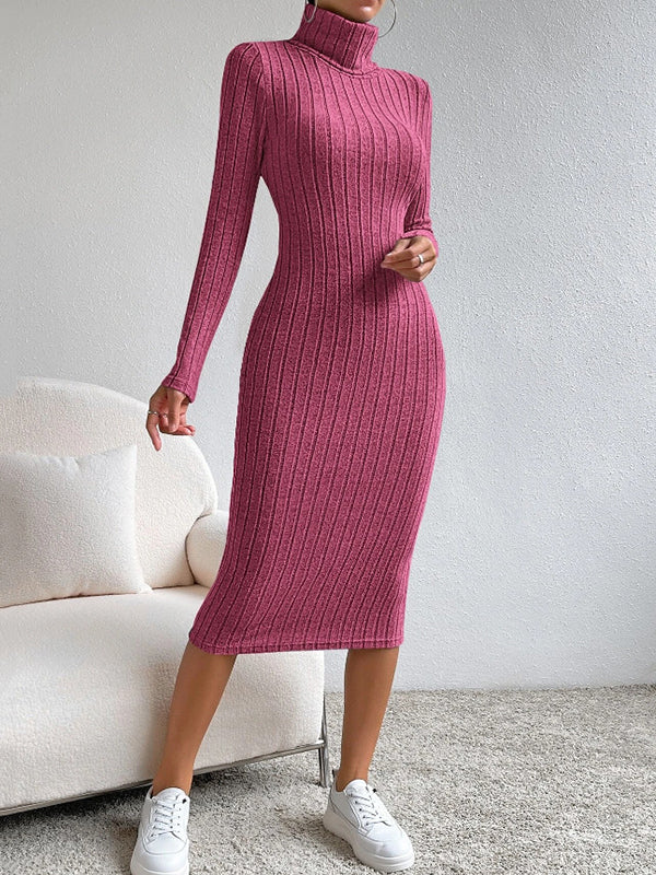 Solid Color Split-Joint Long Sleeves Skinny High Neck Sweater Dresses Midi Dresses