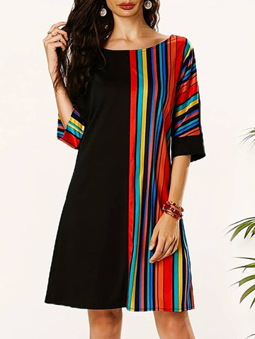 Asymmetric Contrast Color Striped A-line Half Sleeves Round-neck Mini Dresses