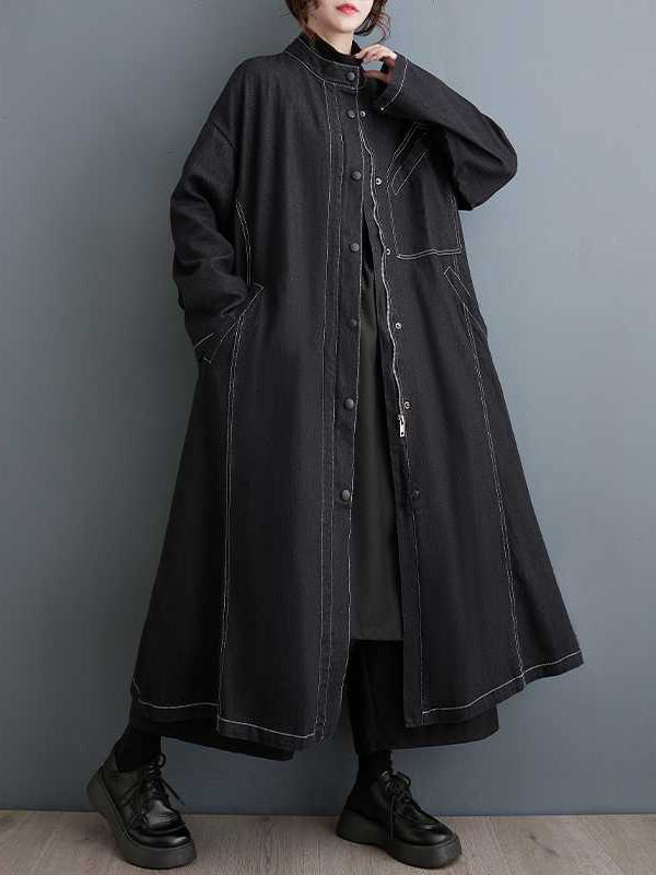 Buttoned Pockets Split-Joint Long Sleeves Loose Stand Collar Trench Coats Outerwear