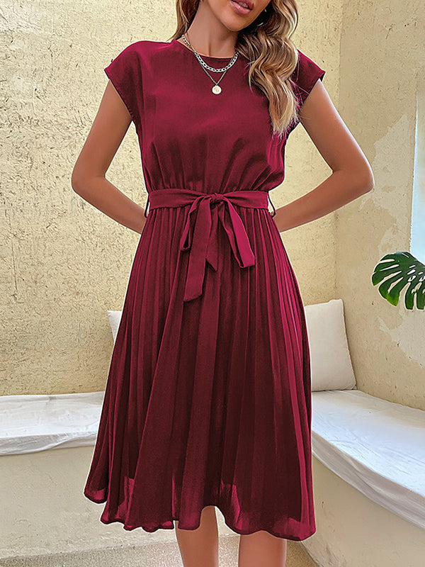 Pleated Solid Color Tied Waist A-Line Loose Round-Neck Midi Dresses