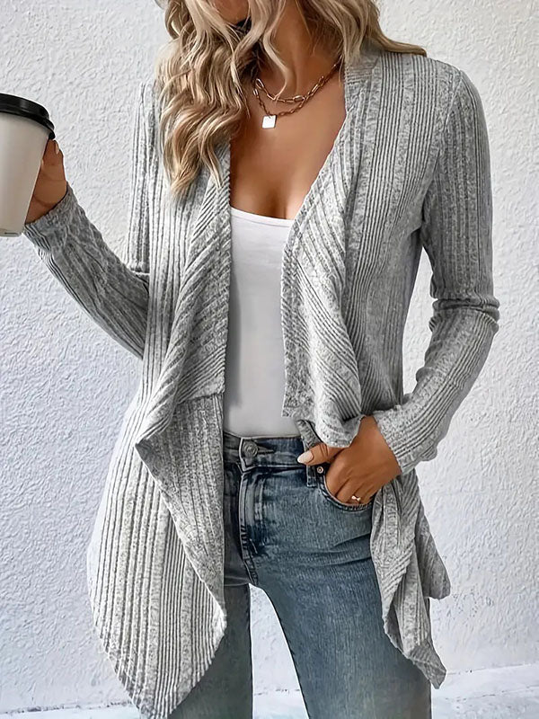 Solid Color Long Sleeves Loose Collarless Cardigan Tops