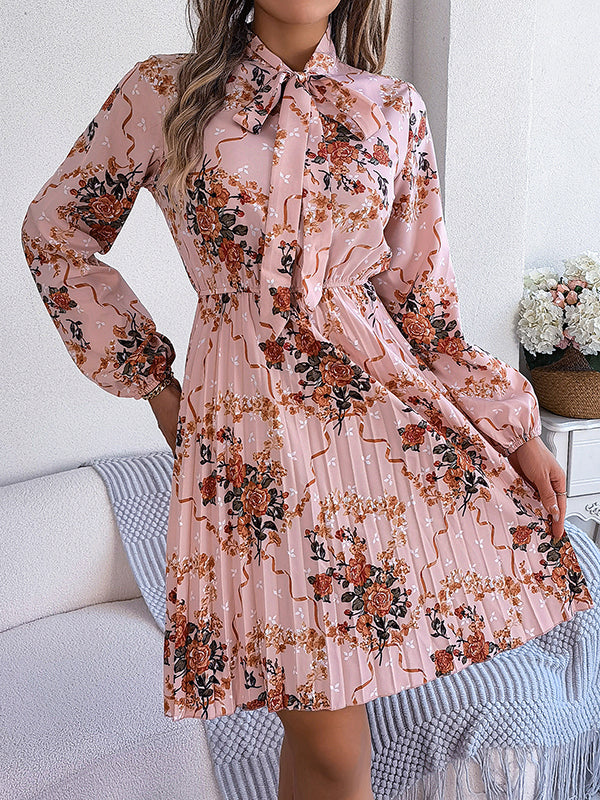 Elasticity Flower Print Pleated Tied Long Sleeves Loose Round-Neck Mini Dresses