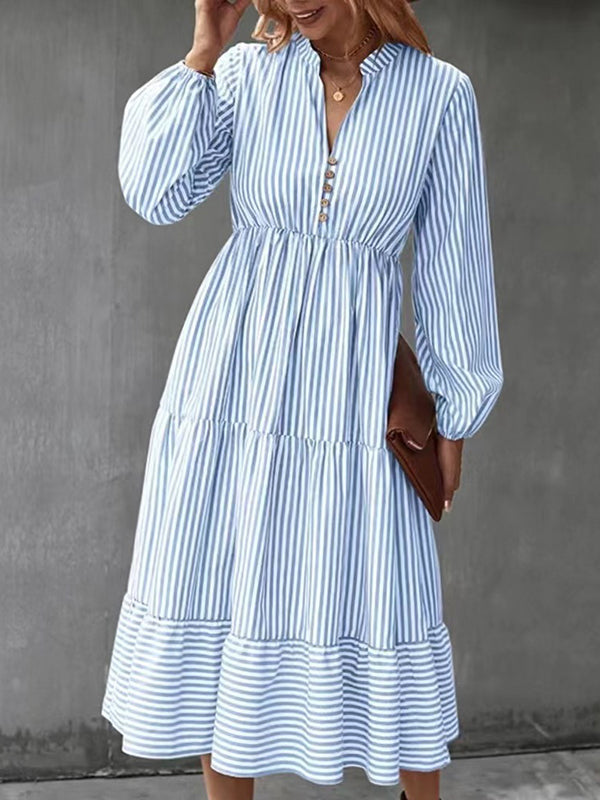 Pleated Split-Joint Striped Loose Puff Sleeves V-Neck Shirt Dress Midi Dresses