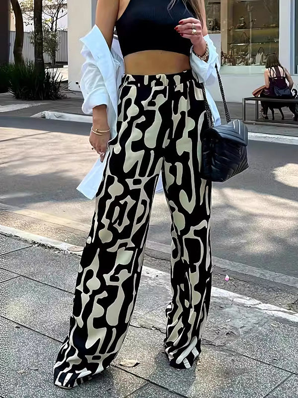 Contrast Color Elasticity Printed Split-Joint High Waisted Loose Trousers Pants