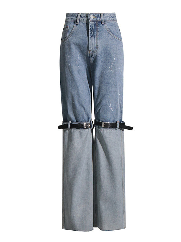 Belt Buckle Split-Joint High Waisted Loose Jean Pants Bottoms