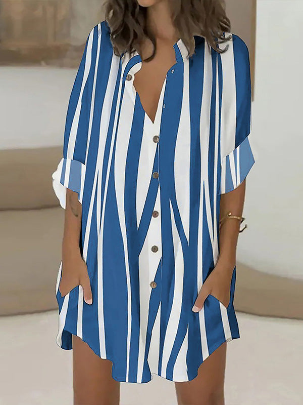 Buttoned Striped Long Sleeves Loose Lapel Shirt Dress Mini Dresses