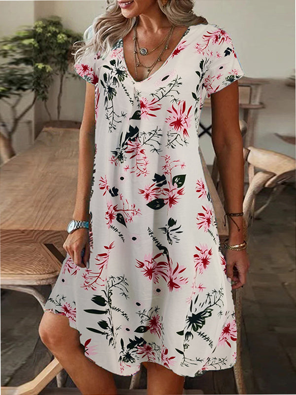 Flower Print Roomy Short Sleeves V-Neck Mini Dresses