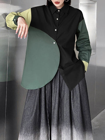 Asymmetric Buttoned Contrast Color Long Sleeves Loose Lapel Blouses&Shirts Tops