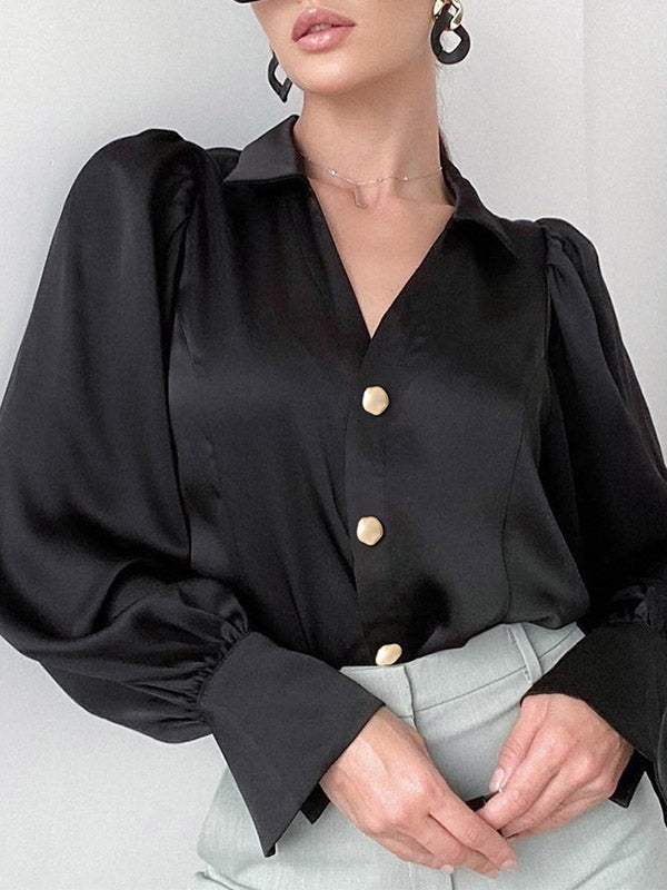 Buttoned Solid Color Long Sleeves Loose Lapel Blouses&shirts Tops