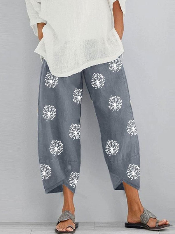 Flower Print Pockets Split-Joint Loose Trousers Pants