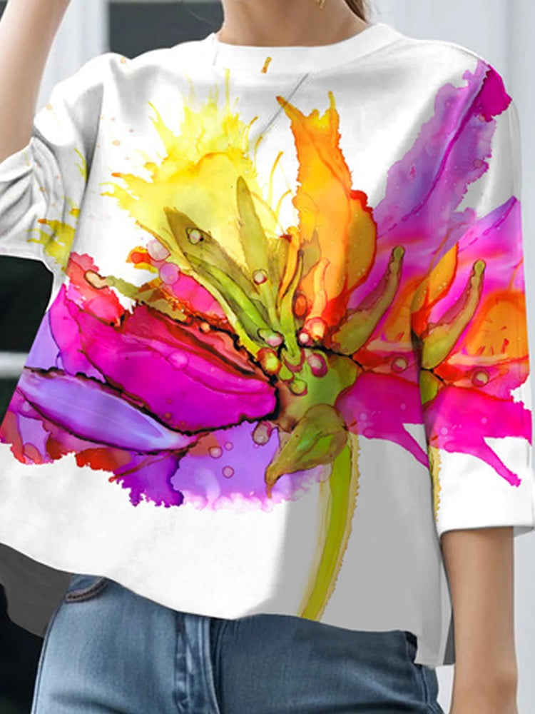 Contrast Color Flower Print Loose Three-Quarter Sleeves Round-Neck T-Shirts Tops