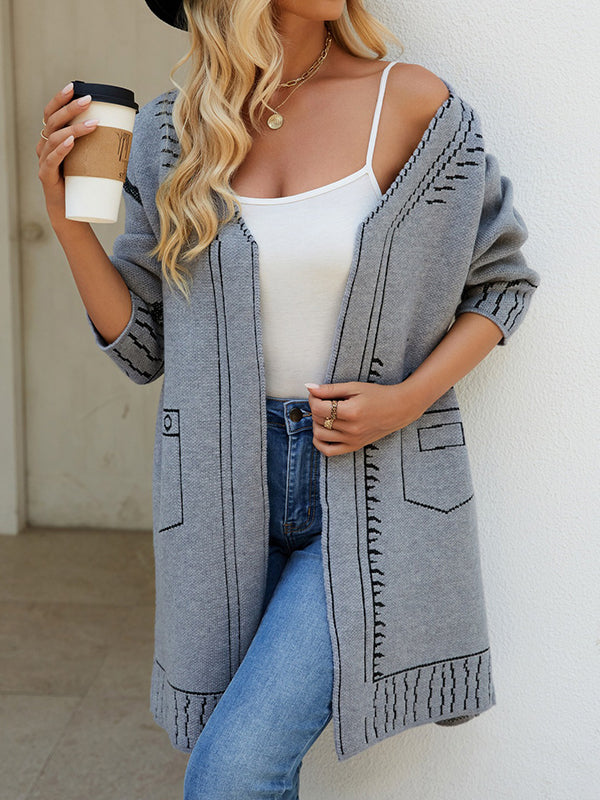 Jacquard Split-Joint Long Sleeves Loose V-Neck Cardigan Tops