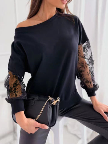 Mesh Solid Color Split-Joint Long Sleeves Loose Round-Neck T-Shirts Tops