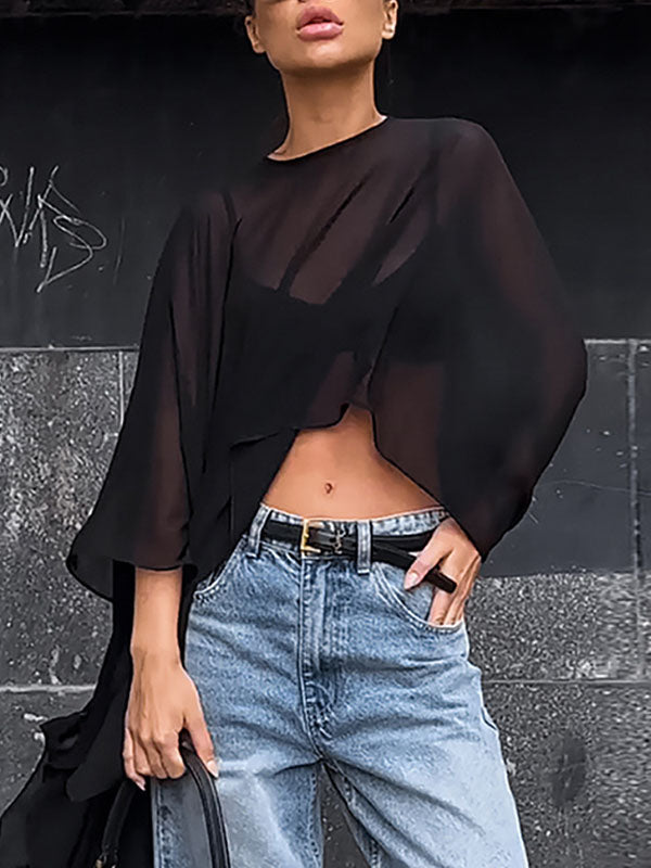 See-Through Solid Color Capelet High-Low Round-Neck Blouses&Shirts Tops