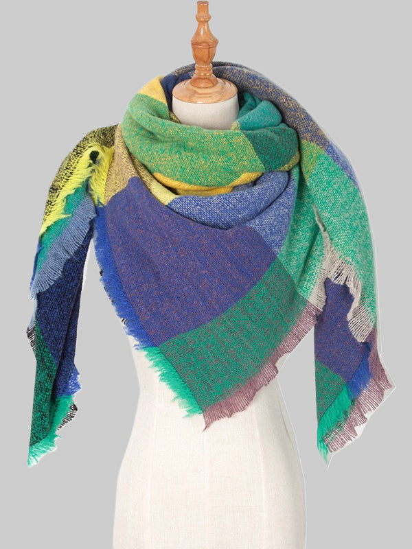 Contrast Color Diamond-Patterned Fringed Keep Warm Triangle Shawl&Scarf