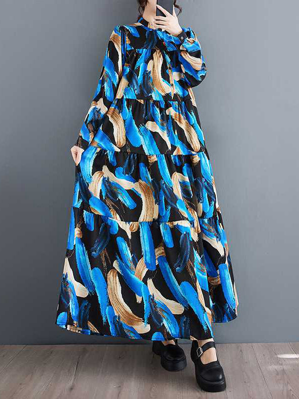 Buttoned Printed Split-Joint A-Line Long Sleeves Stand Collar Shirt Dress Maxi Dresses