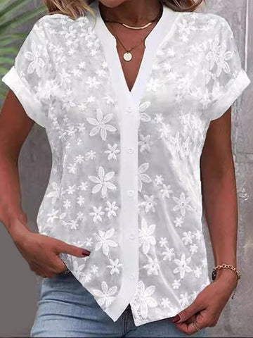 Embroidered See-Through Solid Color Split-Joint Loose Raglan Sleeve Stand Collar Blouses&shirts Tops