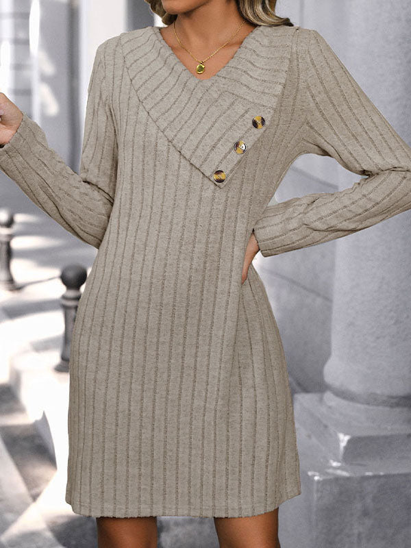 Buttoned Split-Joint Long Sleeves Loose V-Neck Mini Dresses Knit Dresses