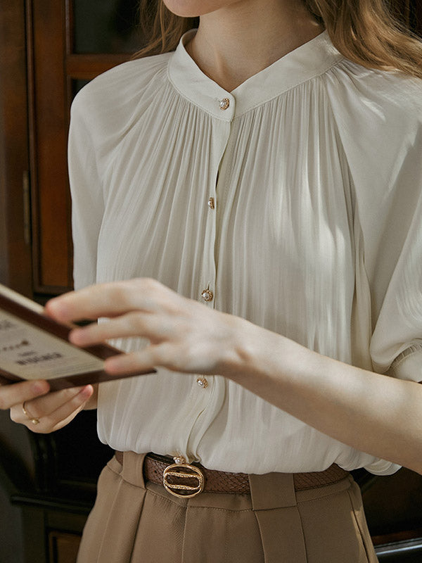 Buttoned Pleated Loose Puff Sleeves Round-neck Blouses&shirts Tops