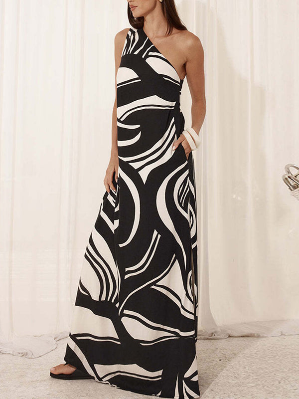 Printed Loose Sleeveless One-Shoulder Maxi Dresses