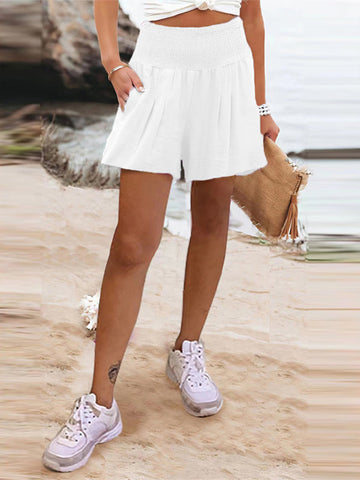 Elasticity Pleated Pockets Solid Color Split-Joint High Waisted Loose Shorts Bottoms