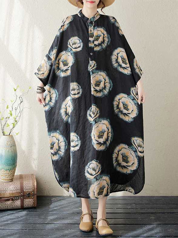 Buttoned Flower Print Loose Three-quarter Sleeves Stand Collar Midi Dresses