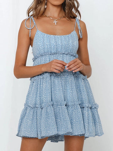 Layered Pleated Polka-Dot Split-Joint Tied A-Line Loose Spaghetti-Neck Mini Dresses