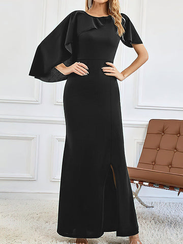 Asymmetric Ruffle Trim Solid Color Split-Front Split-Joint A-Line Bodycon Round-Neck Maxi Dresses