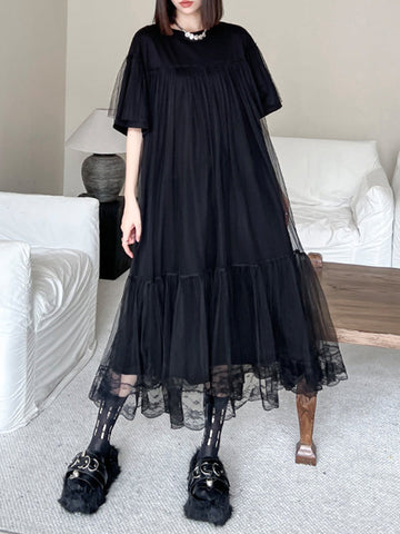 Gauze Pleated Solid Color Split-Joint Tiered Fake Two-Piece Loose Round-Neck Midi Dresses