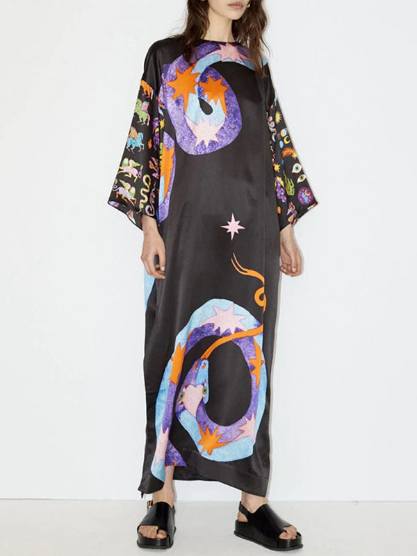 Patterned Split-Side A-Line Long Sleeves Round-Neck Maxi Dresses